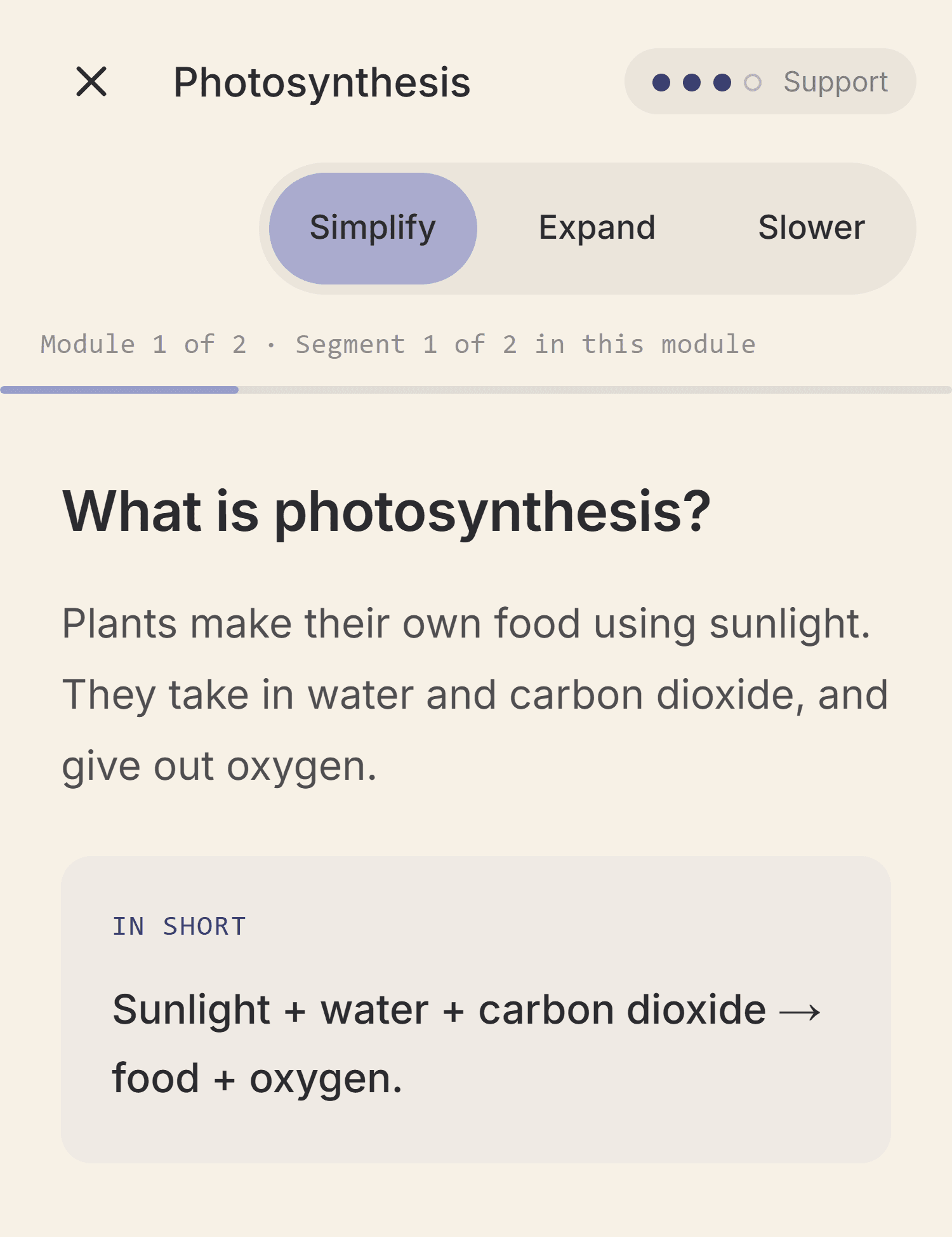 A student's Nevo lesson on photosynthesis, with Simplify, Expand and Slower controls in the top bar