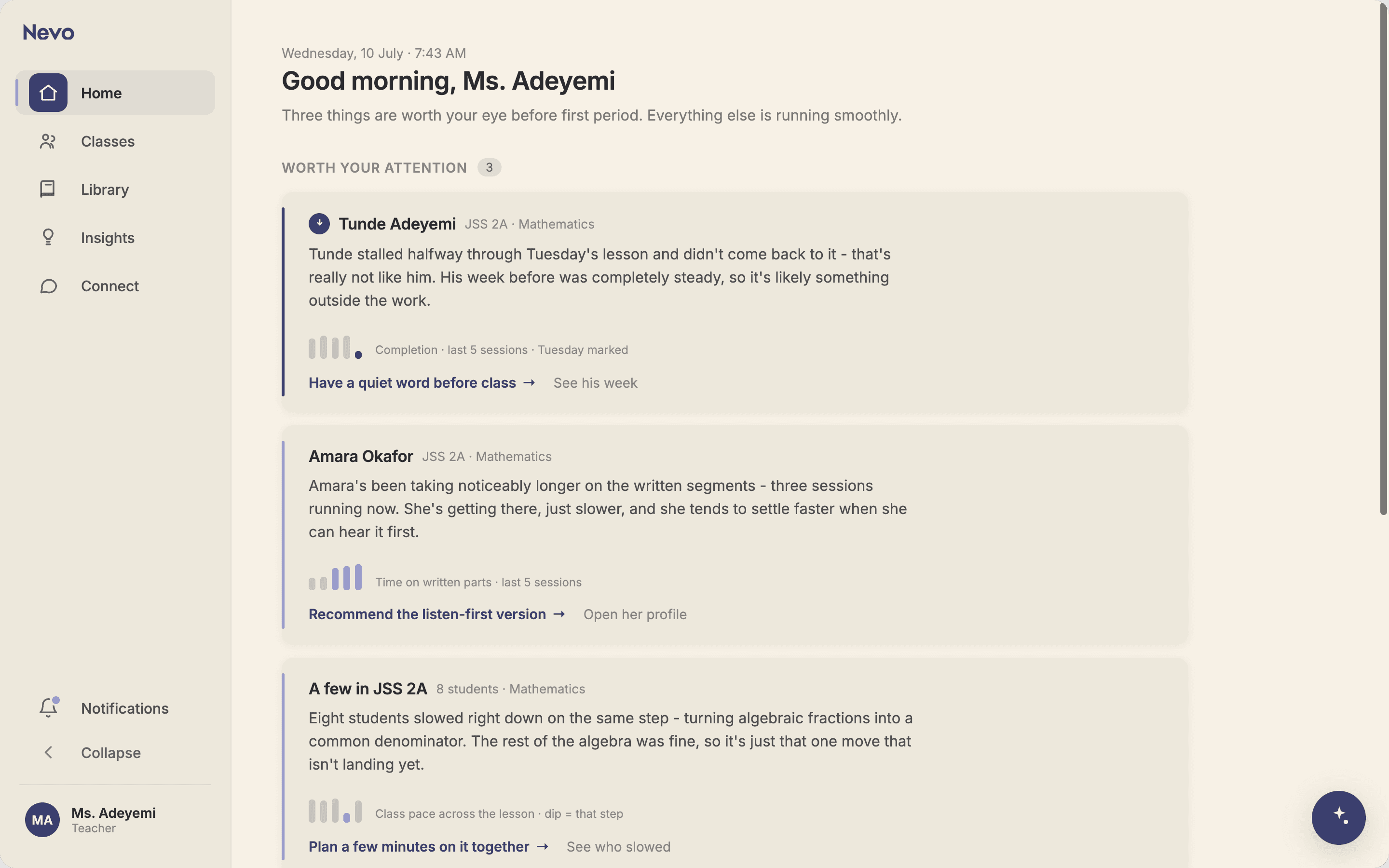 A Nevo teacher's dashboard: plain-language notes on Tunde, Amara and the class, each with one gentle next step